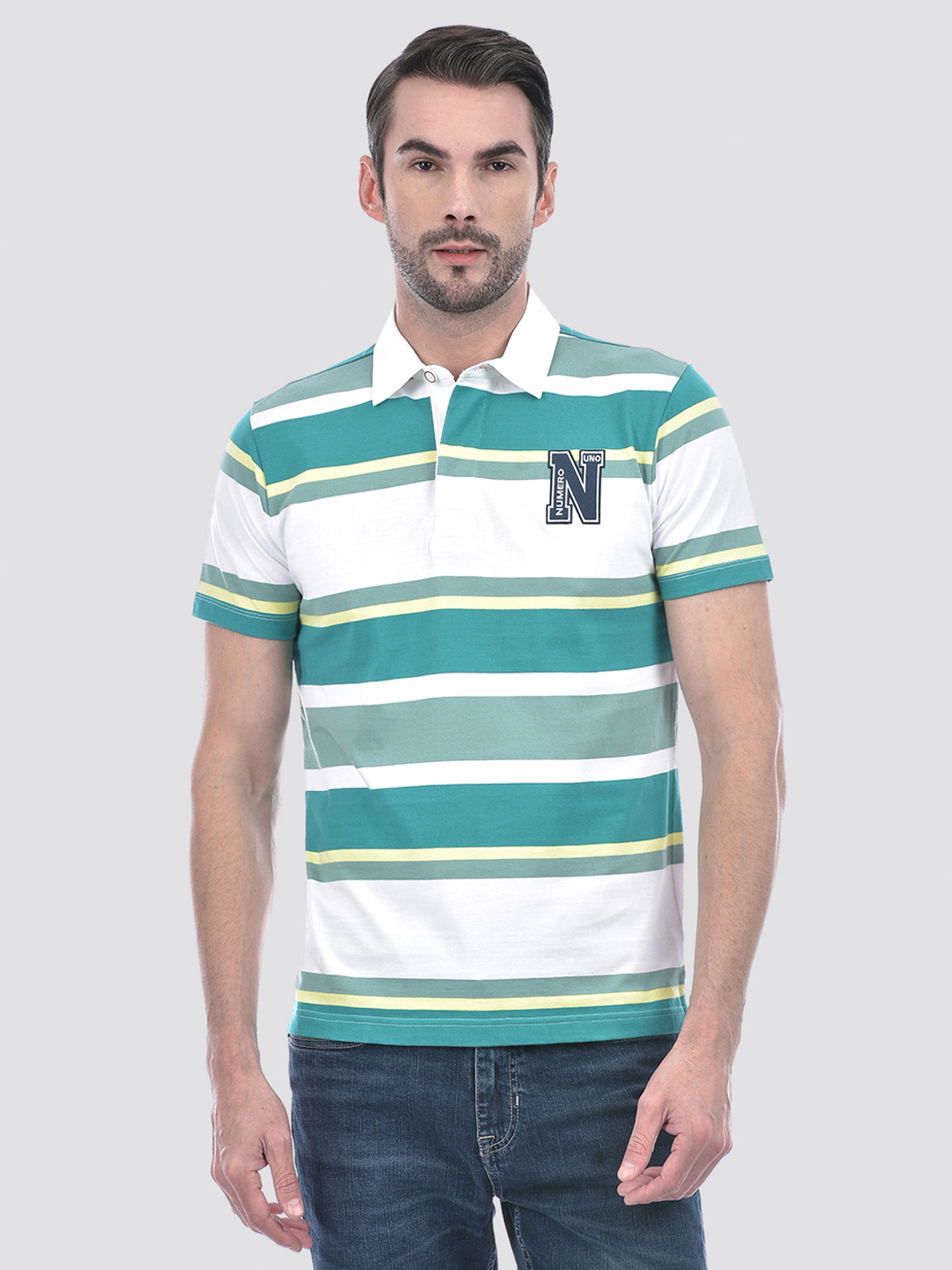 Numero Uno Men Green Striped Polo T-Shirt